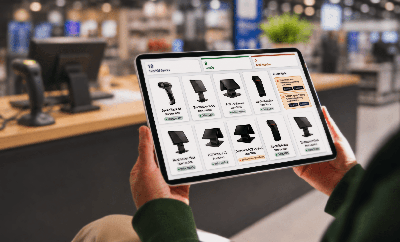 Associate holding a handheld device scanning inventory