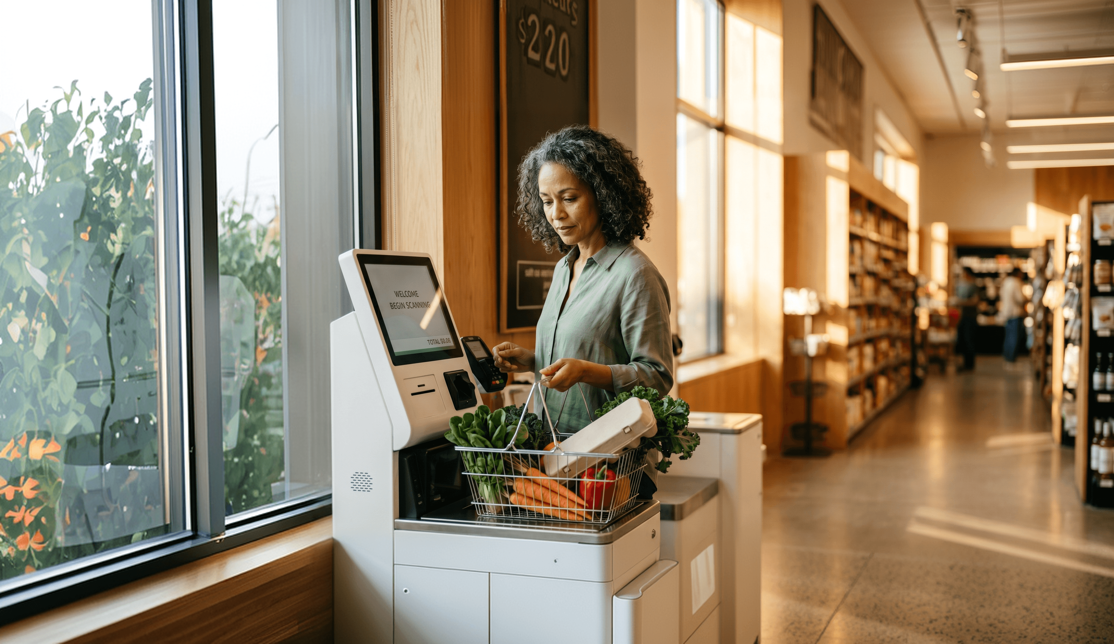 Shopper scanning a broccoli head at self-checkout